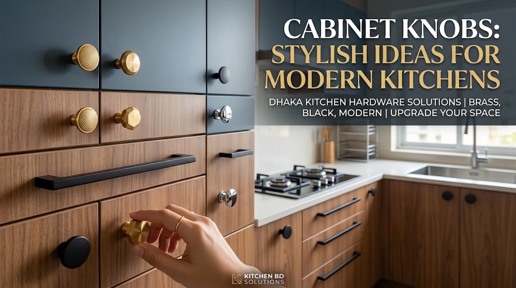 Modern kitchen cabinetry with stylish brass and matte black hardware in a Dhaka home.