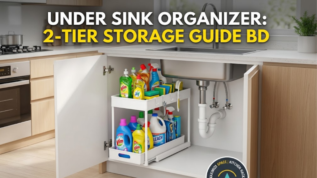2-tier under sink organizer storing cleaning supplies in a modern kitchen cabinet in BD.